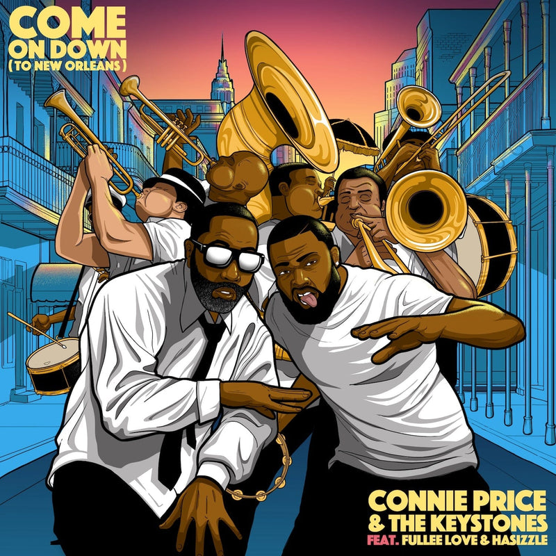 Connie Price & The Keystones ft. Fullee Love (aka Soup of Jurassic 5) + Hasizzle - Come On Down (To New Orleans) b/w Come On Down (To New Orleans) (Professor Shorthair Bounce Remix) (7" - Yellow & Blue Splatter Vinyl)) Superjock Records